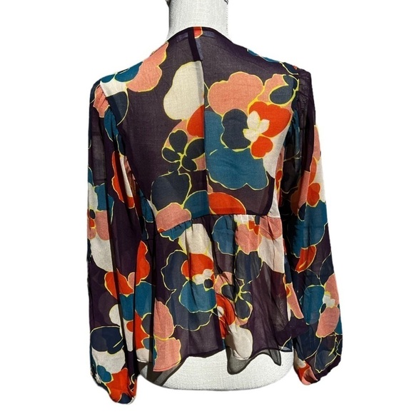 🌻BCBGeneration Floral Semi-Sheer Tie-Up Peplum Boho Blouse Size Medium - Picture 9 of 11